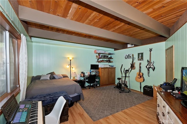 770 Berne Dr, Crestline, CA 92325 - bedroom with beam ceiling, wood finished floors, wood ceiling, wooden walls, and an office area