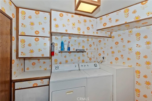 770 Berne Dr, Crestline, CA 92325 - laundry room featuring wallpapered walls and washer and clothes dryer