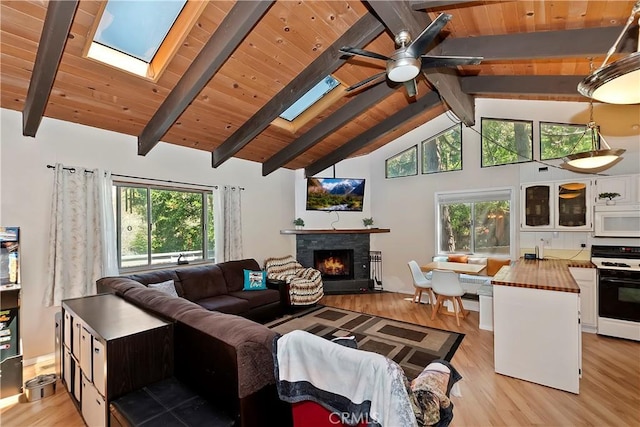 770 Berne Dr, Crestline, CA 92325 - living room with light wood finished floors, a skylight, ceiling fan, a stone fireplace, and wooden ceiling