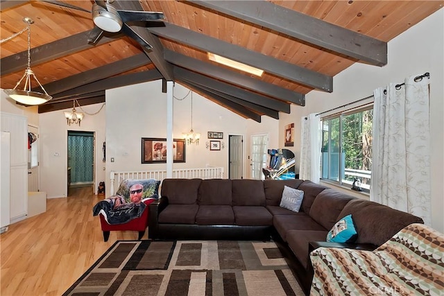 770 Berne Dr, Crestline, CA 92325 - living area with a chandelier, wood finished floors, and wood ceiling