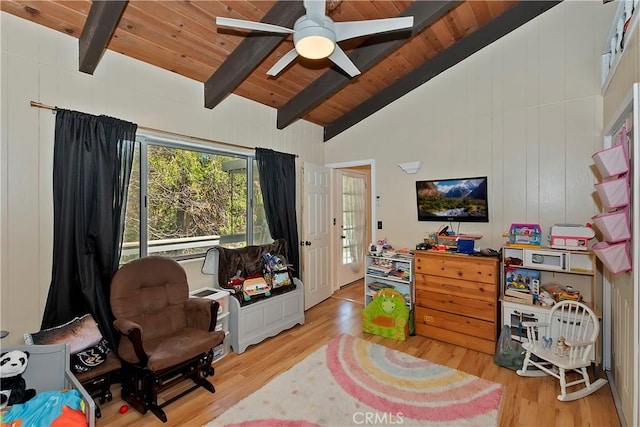 770 Berne Dr, Crestline, CA 92325 - living area with wooden ceiling, light wood-style flooring, and ceiling fan