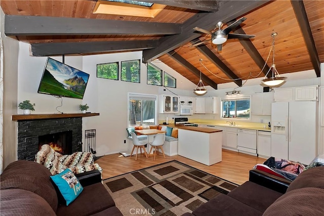 770 Berne Dr, Crestline, CA 92325 - living area with light wood-style floors, wooden ceiling, beamed ceiling, plenty of natural light, and a stone fireplace