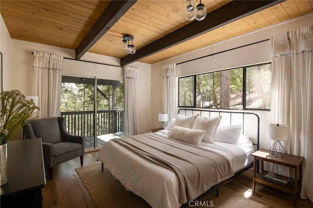 265 Grizzly Rd, Lake Arrowhead, CA 92317 - bedroom featuring multiple windows, beamed ceiling, access to outside, wood ceiling, and hardwood / wood-style floors