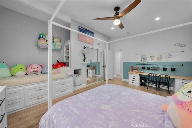 bedroom with recessed lighting, light wood-style floors, and a ceiling fan