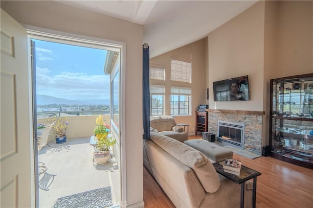 539 Elk Ridge Way, San Jose, CA 95136 - living room featuring wood finished floors, a stone fireplace, high vaulted ceiling, and a mountain view