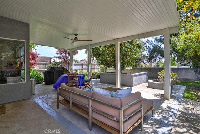1398 Carissa St, Upland, CA 91784 - fenced backyard featuring a patio area, an outdoor hangout area, a ceiling fan, and outdoor dining area