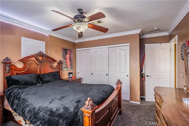 bedroom featuring dark carpet, ornamental molding, a closet, a ceiling fan, and baseboards