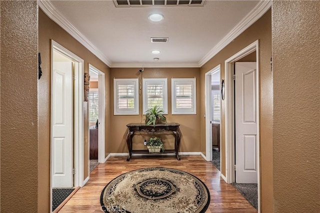 doorway with wood finished floors, a textured wall, crown molding, and baseboards