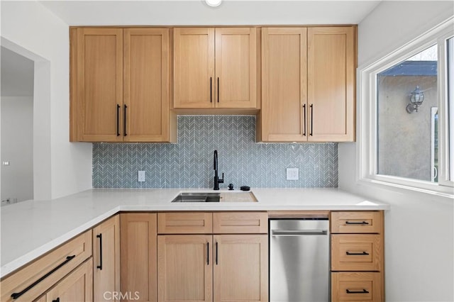 5826 Jamieson Ave, Encino, CA 91316 - kitchen with dishwasher, a sink, light countertops, and tasteful backsplash