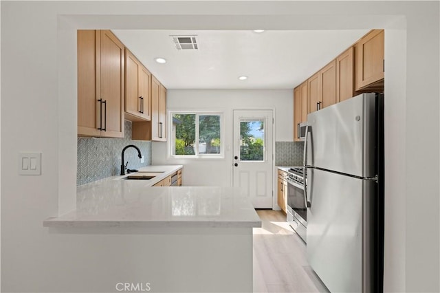 5826 Jamieson Ave, Encino, CA 91316 - kitchen featuring appliances with stainless steel finishes, a sink, tasteful backsplash, light wood finished floors, and a peninsula