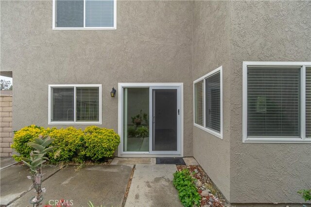 view of exterior entry with stucco siding and a patio