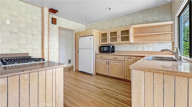 2001 Kenilworth Ave, Los Angeles, CA 90039 - kitchen featuring freestanding refrigerator, a sink, light brown cabinets, stainless steel gas stovetop, and recessed lighting