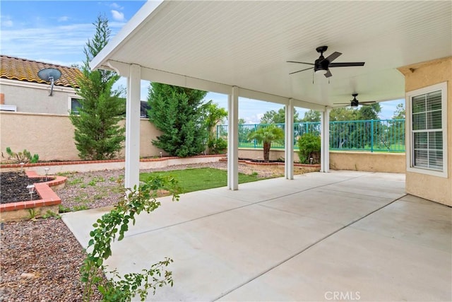 view of patio / terrace featuring ceiling fan and a fenced backyard