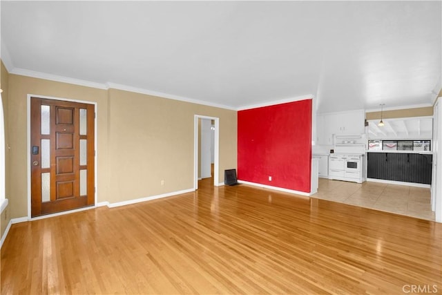4662 Howard Ave, Los Alamitos, CA 90720 - unfurnished living room with ornamental molding, light wood-style flooring, and baseboards