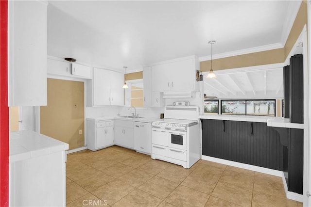 4662 Howard Ave, Los Alamitos, CA 90720 - kitchen featuring white appliances, white cabinetry, a sink, tile countertops, and pendant lighting