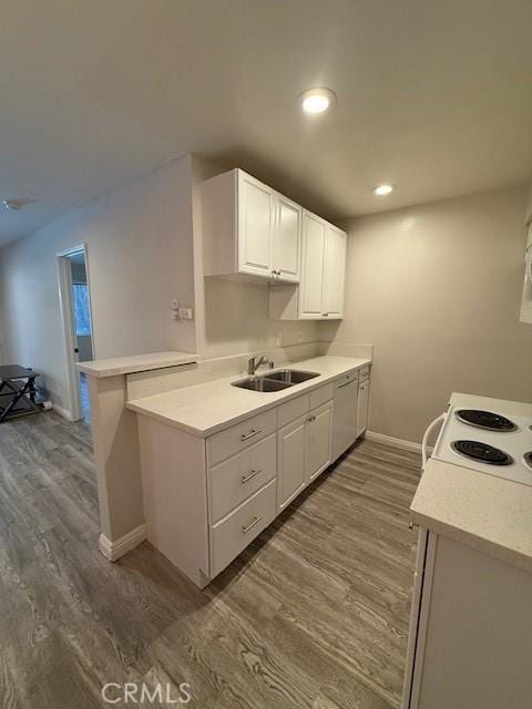 20234 Cantara St Unit 143, Winnetka, CA 91306 - kitchen featuring white dishwasher, light countertops, dark wood-type flooring, and recessed lighting