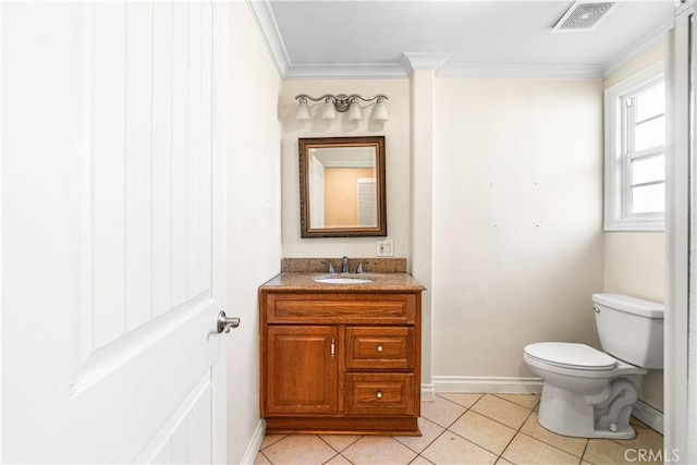 1731 E Wardlow Rd, Long Beach, CA 90807 - bathroom featuring ornamental molding, vanity, toilet, tile patterned floors, and baseboards