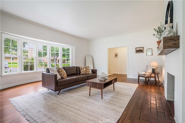 living room with ornamental molding, wood finished floors, baseboards, and a fireplace