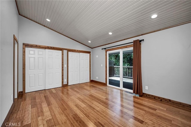 16600 Mountain View Dr, Cobb, CA 95426 - unfurnished bedroom with access to outside, lofted ceiling, light wood finished floors, recessed lighting, and crown molding