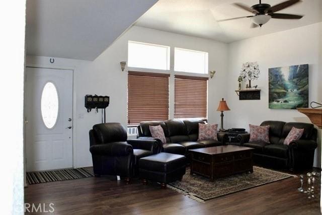 36072 Meadow Grove Rd, Yermo, CA 92398 - living room featuring ceiling fan, wood finished floors, and lofted ceiling