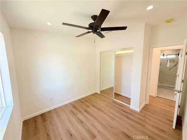 11921 4th Ave, Hesperia, CA 92345 - unfurnished bedroom featuring light wood-type flooring, a closet, recessed lighting, baseboards, and a ceiling fan