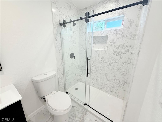 11921 4th Ave, Hesperia, CA 92345 - full bath featuring toilet, a marble finish shower, vanity, marble finish floors, and baseboards