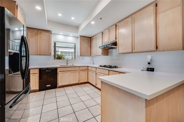 2461 Oneida St Unit B, Pasadena, CA 91107 - kitchen featuring refrigerator with ice dispenser, light brown cabinetry, dishwasher, gas stovetop, and a peninsula