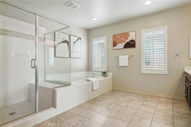 full bathroom with vanity, a bath, tile patterned flooring, a stall shower, and recessed lighting