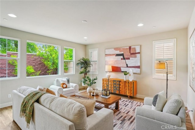 living area featuring baseboards, wood finished floors, and recessed lighting