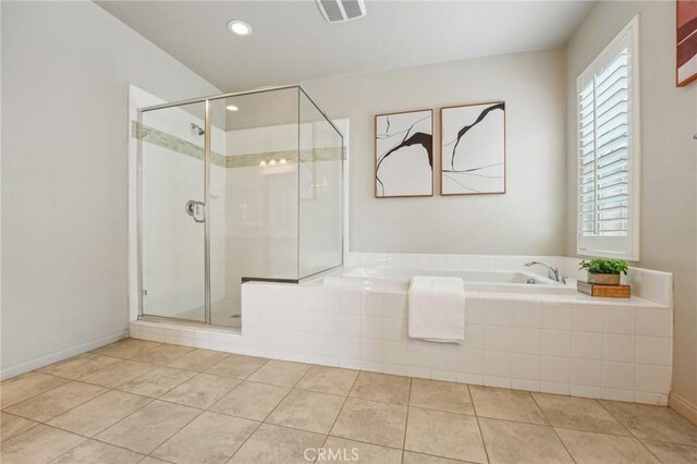 full bath featuring a bath, a stall shower, tile patterned floors, recessed lighting, and baseboards