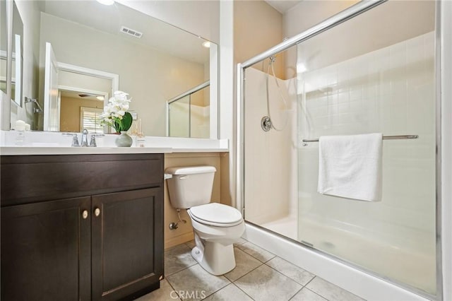 full bathroom with toilet, tile patterned floors, a shower stall, and vanity