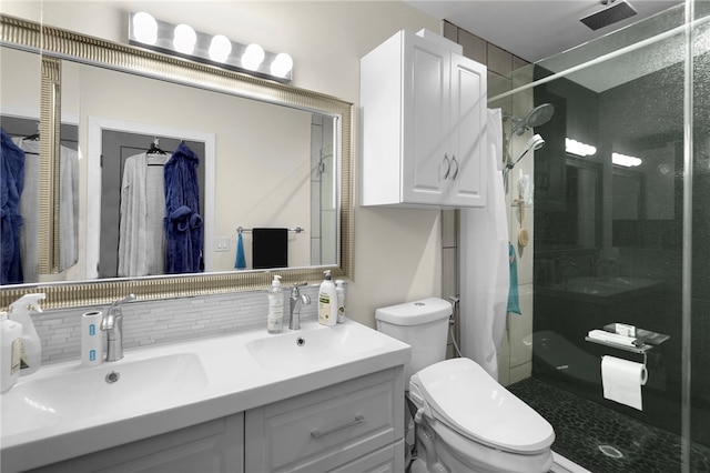424 E Angeleno Ave, San Gabriel, CA 91776 - full bathroom with a shower stall, decorative backsplash, toilet, and double vanity