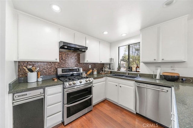kitchen with appliances with stainless steel finishes, a sink, under cabinet range hood, dark countertops, and recessed lighting