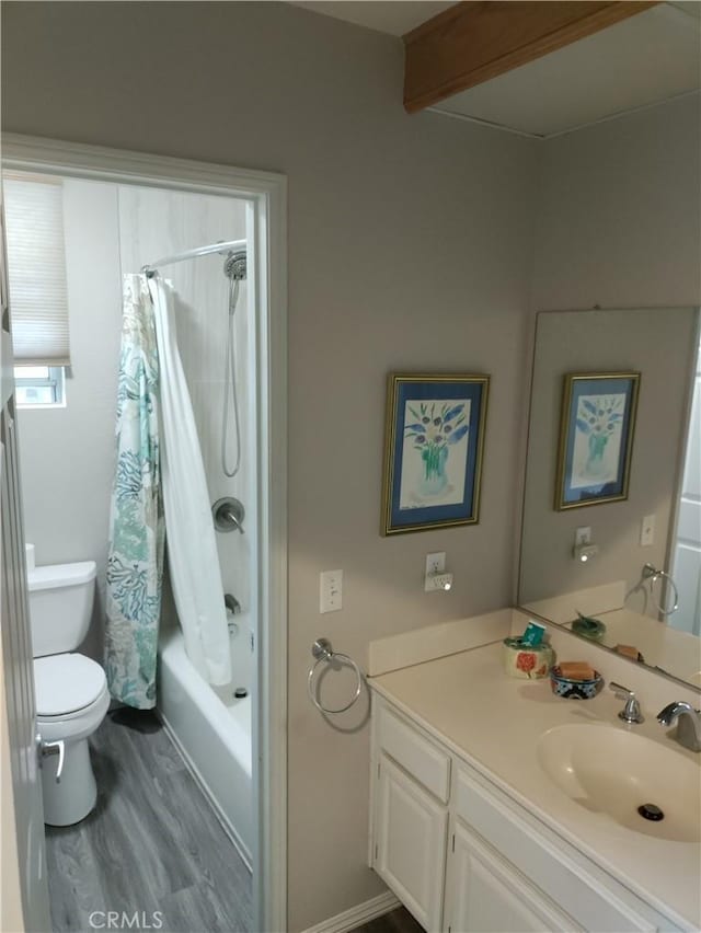 22000 Jodi Pl, Saugus, CA 91350 - full bath with wood finished floors, vanity, and shower / bathtub combination with curtain