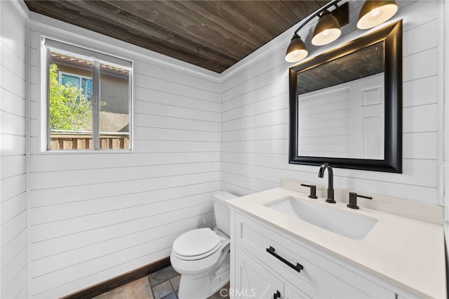 39812 Barcelona, Murrieta, CA 92562 - bathroom with wooden ceiling, vanity, wood walls, and toilet