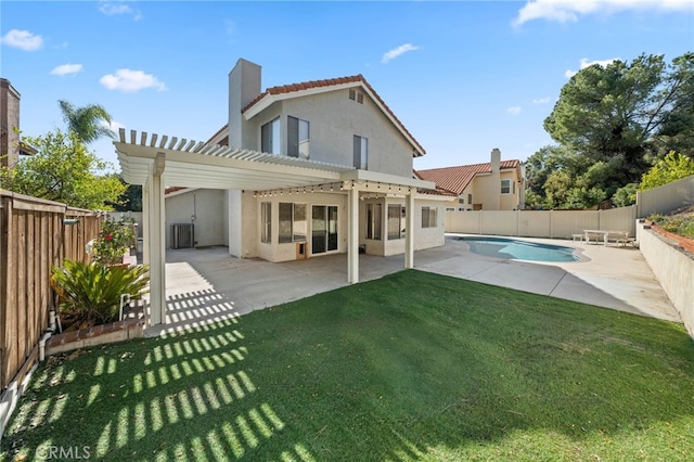 39812 Barcelona, Murrieta, CA 92562 - rear view of house with stucco siding, a pergola, a chimney, a patio, and cooling unit