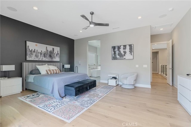 bedroom featuring light wood-type flooring, baseboards, recessed lighting, ensuite bathroom, and a ceiling fan