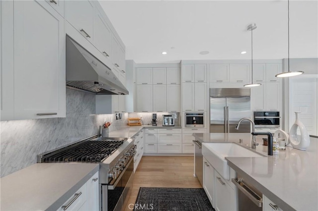 kitchen with premium appliances, under cabinet range hood, a sink, white cabinetry, and backsplash