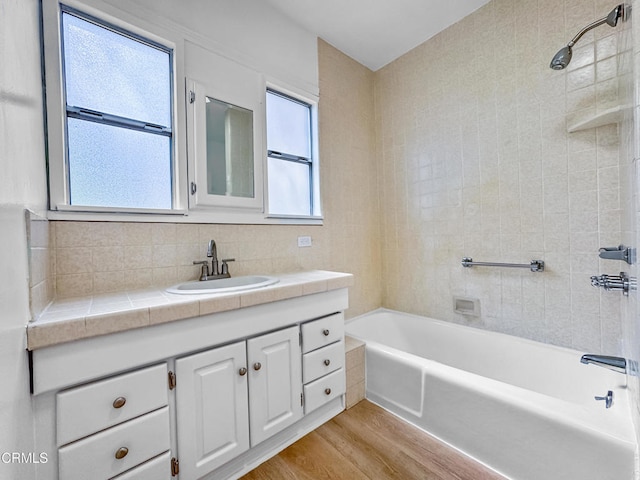 bathroom with wood finished floors, vanity, and backsplash