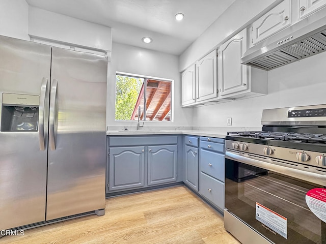 2708 Sanborn Ave, La Crescenta, CA 91214 - kitchen featuring stainless steel appliances, under cabinet range hood, a sink, light wood-style floors, and light countertops