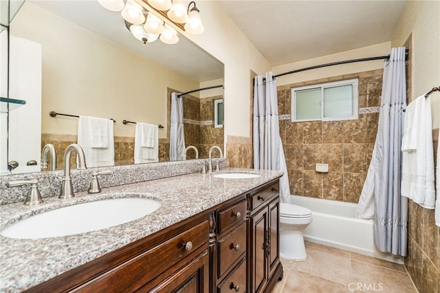 6329 Fillmore Ave, Rialto, CA 92377 - full bath with shower / bath combo, double vanity, toilet, and tile patterned flooring