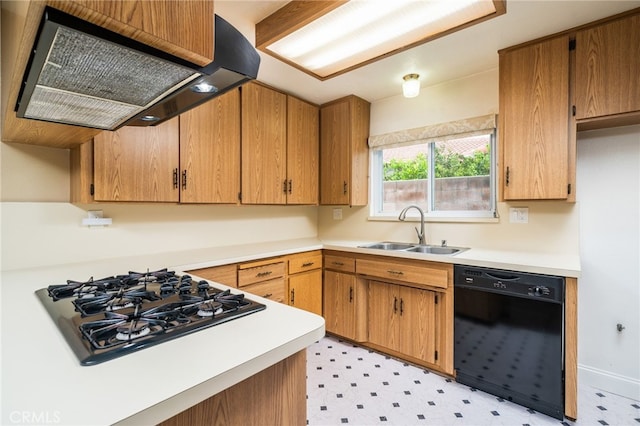 6329 Fillmore Ave, Rialto, CA 92377 - kitchen featuring black appliances, a sink, custom range hood, and light countertops