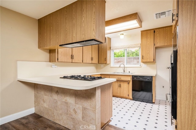 6329 Fillmore Ave, Rialto, CA 92377 - kitchen featuring dishwasher, a peninsula, stainless steel gas stovetop, light countertops, and a sink