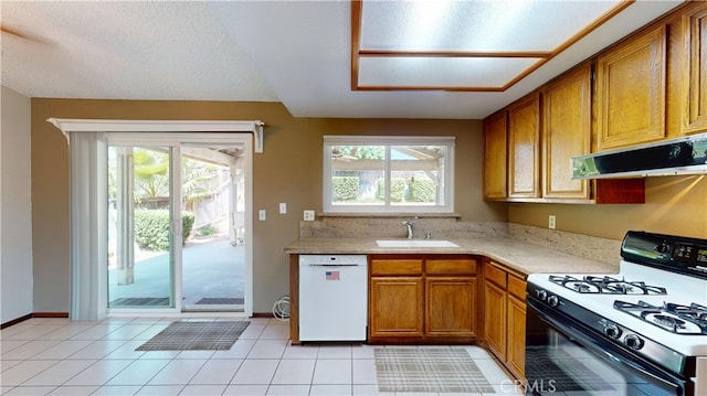 279 White Oak Rd, Lake Elsinore, CA 92530 - kitchen featuring range with gas stovetop, white dishwasher, a sink, ventilation hood, and brown cabinetry