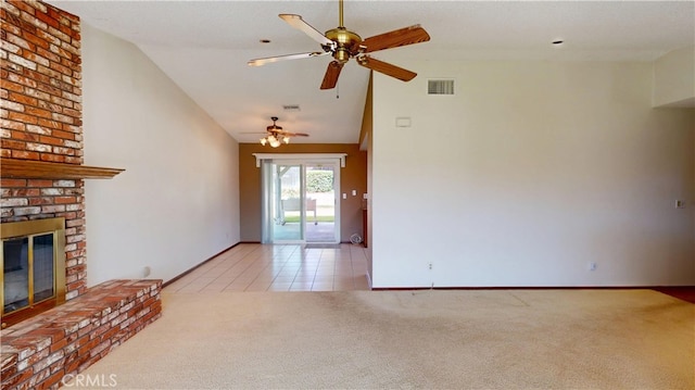 279 White Oak Rd, Lake Elsinore, CA 92530 - unfurnished living room featuring light colored carpet, lofted ceiling, a ceiling fan, a fireplace, and baseboards