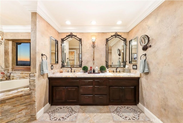 6723 Sycamore Ln, Palmdale, CA 93551 - bathroom featuring ornamental molding, double vanity, and tiled tub