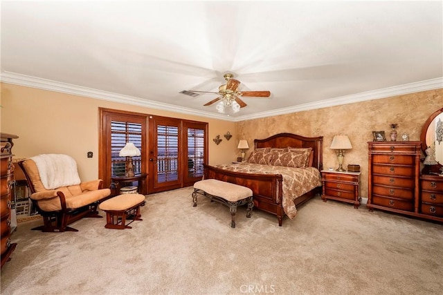 6723 Sycamore Ln, Palmdale, CA 93551 - bedroom with carpet flooring, access to outside, ornamental molding, ceiling fan, and french doors