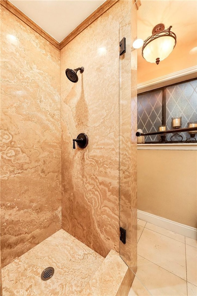 6723 Sycamore Ln, Palmdale, CA 93551 - bathroom featuring ornamental molding and tiled shower
