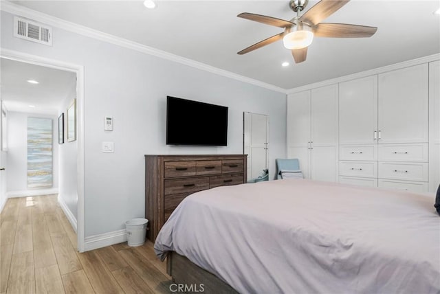 1742 Dixon St, Redondo Beach, CA 90278 - bedroom featuring baseboards, light wood-style flooring, crown molding, recessed lighting, and ceiling fan