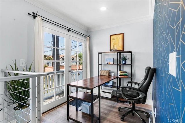1742 Dixon St, Redondo Beach, CA 90278 - office area featuring french doors, crown molding, wood finished floors, and recessed lighting